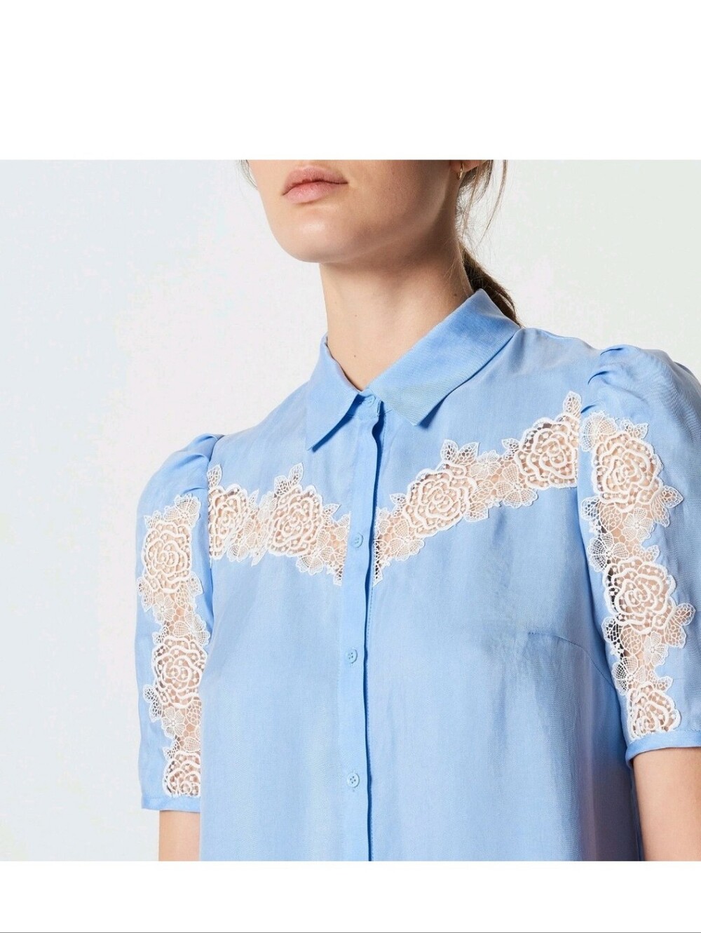 SANDRO PARIS Lace-Inset Down Duster Dress Sky Blue Sz FR 34 XS - Picture 10 of 10